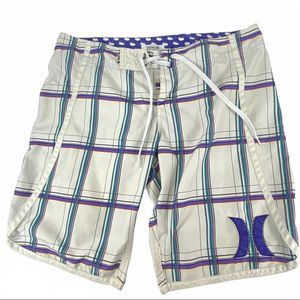 Hurley plaid board shorts white purple teal size 7